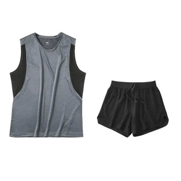Spring and summer sports and leisure suit men's quick dry breathable sleeveless round neck marathon running fitness suit men's models - Image 2